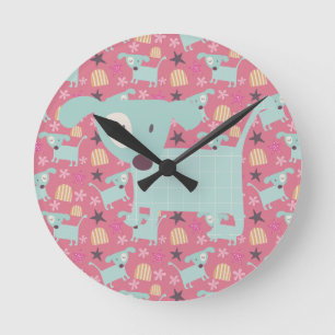 Hunde, Sterne und Blume Runde Wanduhr
