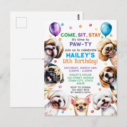 Hunde Thema 12. Geburtstagsparty Einladung Postkarte (Vorne/Hinten)
