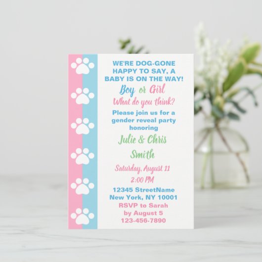 Hunde-Thema Geschlecht offenbart Party Einladung (Stehend Vorderseite)