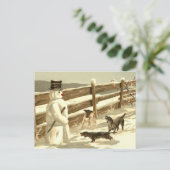 Hunde treffen auf Schneemann am Zaun, klassischer  Postkarte (Stehend Vorderseite)