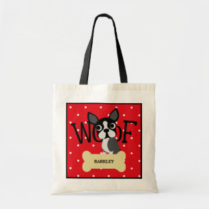 Hunde-und Goldknochen Bostons Terrier und roter Tragetasche
