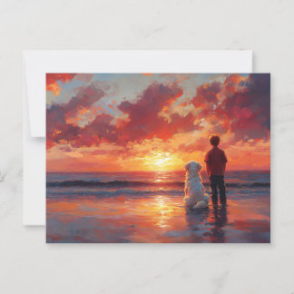 Hunde und Junge beobachten Sonnenuntergang am Stra Postkarte