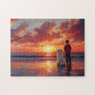 Hunde und Junge beobachten Sonnenuntergang am Stra Puzzle