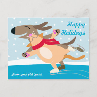 Hunde und Katze Ice Skaten Happy Holidays Feiertagspostkarte