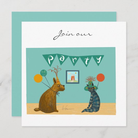 Hunde und Katze in gekleidetem Party Einladung (Vorne/Hinten)