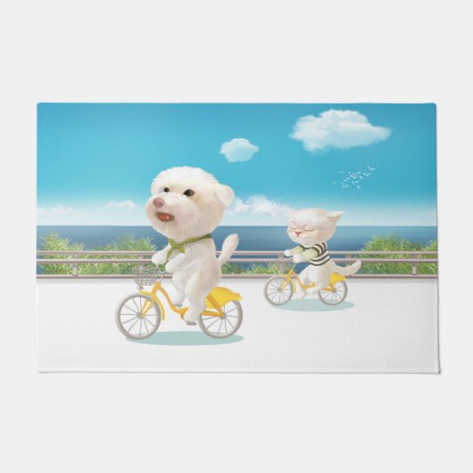 Hunde und Katzen Fahrradfahren am Meer Fußmatte (Vorderseite)