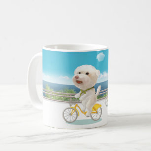 Hunde und Katzen Fahrradfahren am Meer Kaffeetasse
