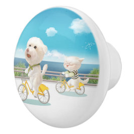 Hunde und Katzen Fahrradfahren am Meer Keramikknauf
