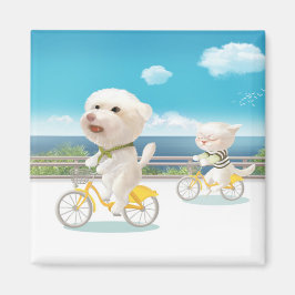 Hunde und Katzen Fahrradfahren am Meer Magnet
