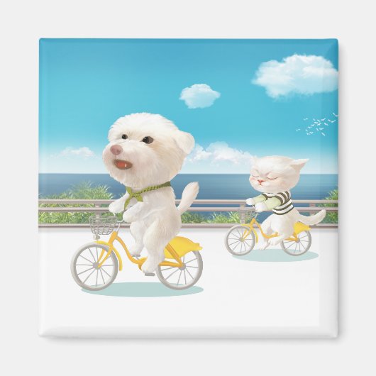 Hunde und Katzen Fahrradfahren am Meer Magnet (Vorne)