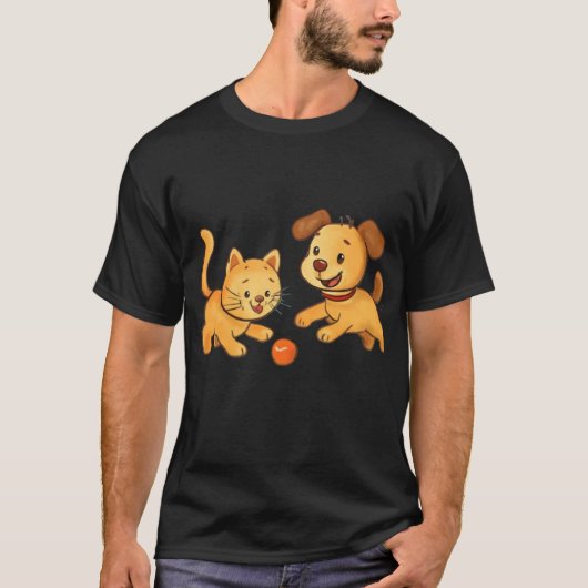 Hunde und Katzen spielen zusammen T-Shirt (Vorderseite)