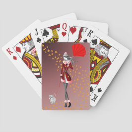 Hunde und Lady Autumn Leaves Spielkarten spielen