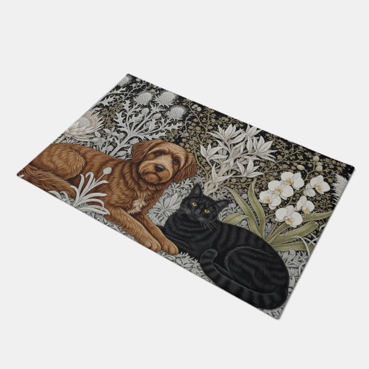 Hunde und schwarze Katze im Blumenmuseum Nuovo Win Fußmatte (Schrägansicht)