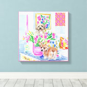 Hunde und Tulpen im preisigen Innern Leinwanddruck (Insitu (Holzboden))