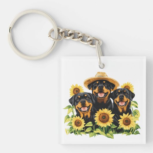 Hunde von Rottweiler, umgeben von Sonnenblumen Schlüsselanhänger (Vorderseite)