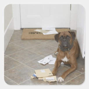 Hunde vor der Haustür liegen und Post kauen Quadratischer Aufkleber