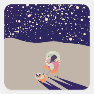 Hunde Walker auf dem Mond Vintager Cartoon Quadratischer Aufkleber