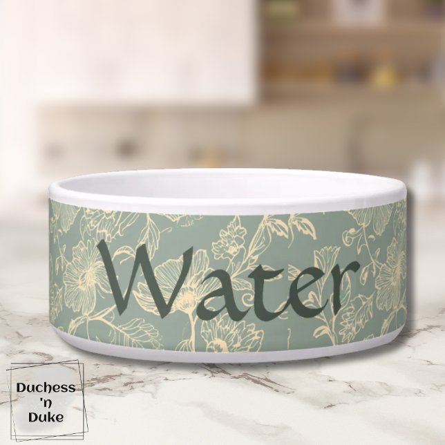 Hunde-Wasserschale - Salbeigrün Botanisch, Name  Napf (Personalized Sage Green Botanical Water Pet Bowl on marble table top)