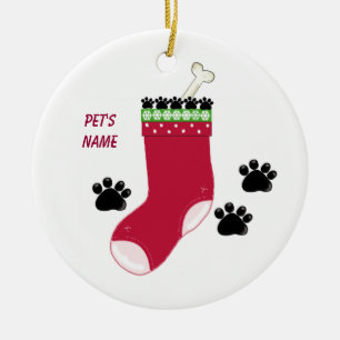 Hunde-Weihnachtsstrumpf und Pfotenabdrücke-Ornamen Keramik Ornament