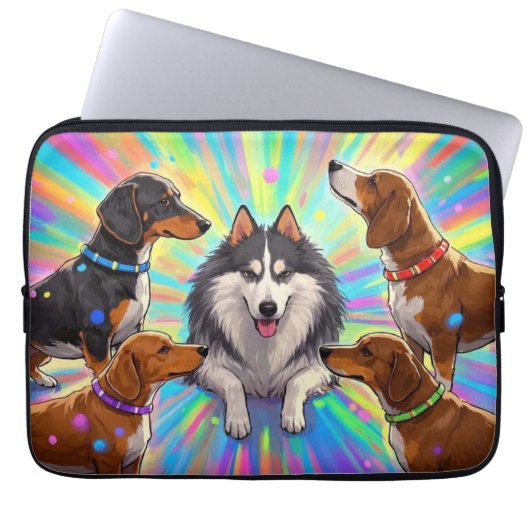 Hunde Welpen mit Regenbogenuntergrund Laptopschutzhülle (Vorderseite)