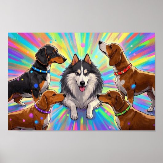 Hunde Welpen mit Regenbogenuntergrund Poster (Vorne)