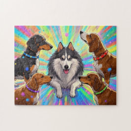 Hunde Welpen mit Regenbogenuntergrund Puzzle
