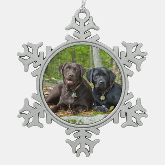 Hunde Welpen Schwarzes Labor Schokolade Labrador R Schneeflocken Zinn-Ornament (Vorderseite)
