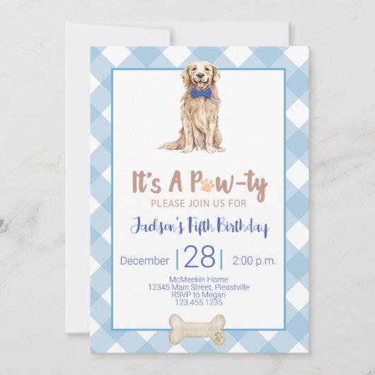 Hunde Welppy Birthday Party Einladung Blue Gingham (Vorderseite)