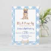 Hunde Welppy Birthday Party Einladung Blue Gingham (Stehend Vorderseite)