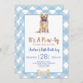 Hunde Welppy Birthday Party Einladung Blue Gingham (Vorne/Hinten)