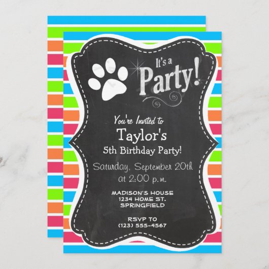 Hunde, Woof; Neon Orange Pink Blue Green Stripes Einladung (Vorne/Hinten)