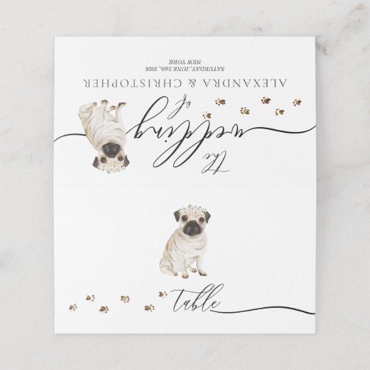 Hundebesitzer eines Mops Hochzeitsskripttisch Platzkarte (Außenseite Aufgefaltet)