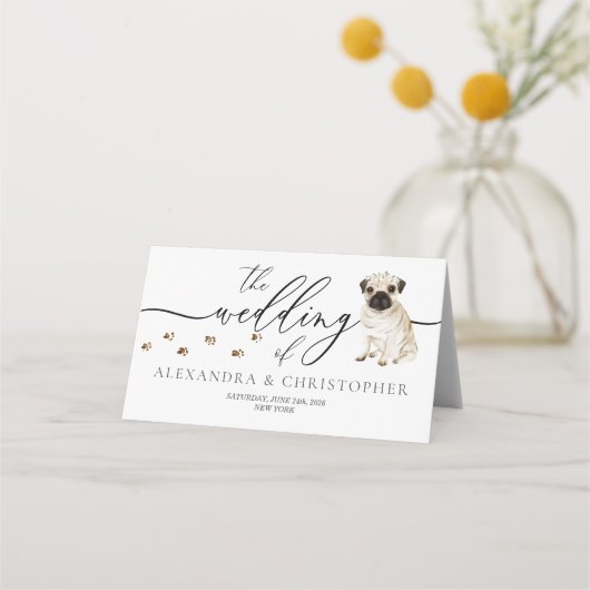 Hundebesitzer eines Mops Hochzeitsskripttisch Platzkarte (Rückseite)