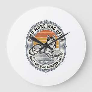 Hundebuchliebhaber-Shirt Vintage-Gravur Husky Lese Große Wanduhr