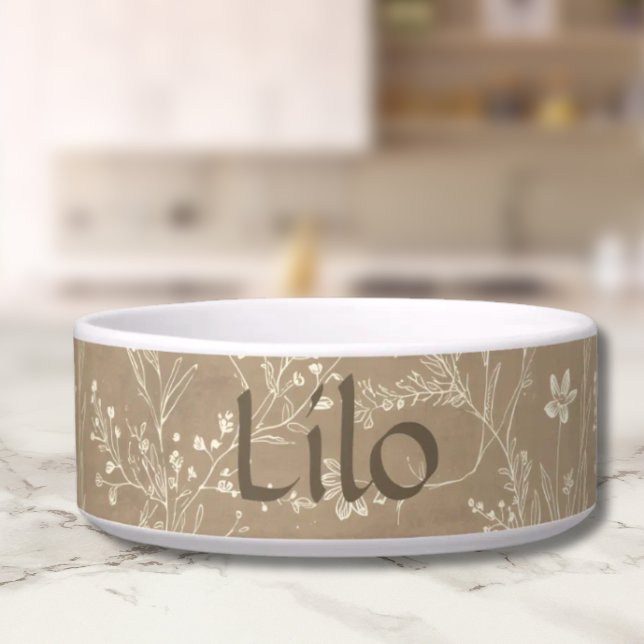 Hundefutter Napf - Braun Botanisch, Personalisiert (Personalized Brown Botanical Pet Bowl)