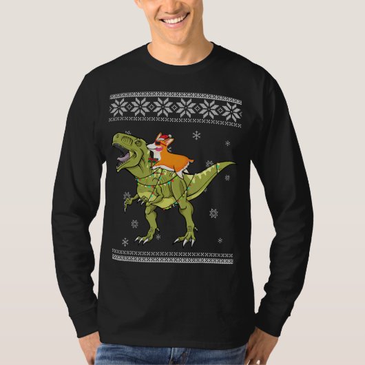 Hundegeschenk | Corgi Riding T Rex Dinosaurier Wei T-Shirt (Vorderseite)
