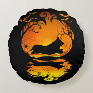 Hundegeschenk Corgi Silhouette Pumpkin Halloween Rundes Kissen