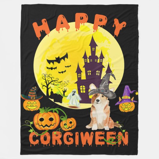 Hundegeschenk | Happy Corgiween Halloween Corgi Fleecedecke (Vorderseite)