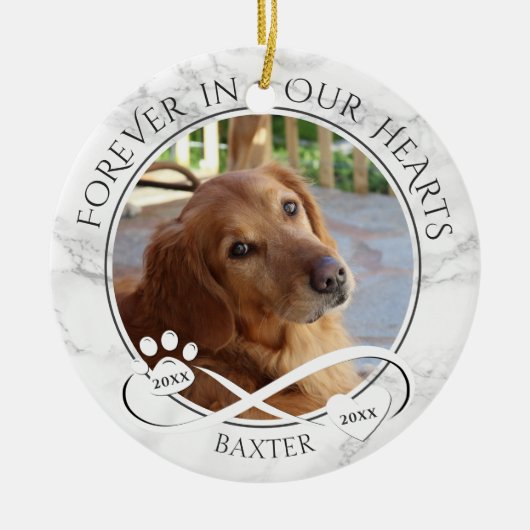 Hundemeldung für immer in unserem Herz-Marmor-Foto Keramik Ornament (Vorne)
