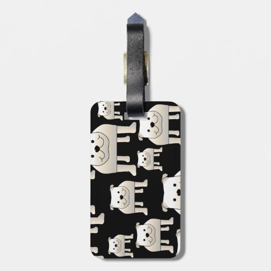 Hundemuster. Weiße Bulldoggen auf Schwarzem Gepäckanhänger (Rückseite vertikal)