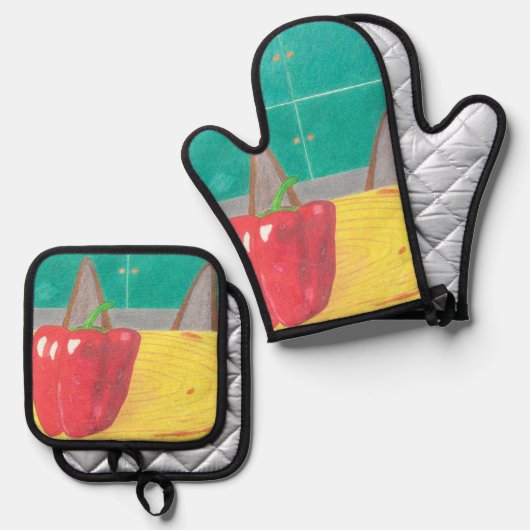 Hundeohren und Pfeffer Ofenhandschuh & Topflappen-Set (Vorderseite/Rückseite)