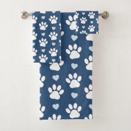 Hundepaws, Spuren, Tierpaare, Herz - Blaues Weiß Badhandtuch Set