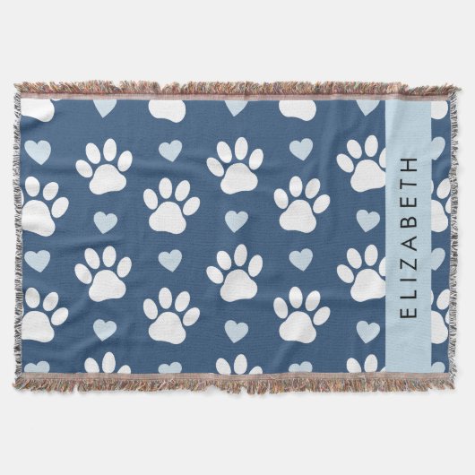 Hundepaws, weiße Paws, blaue Herzen, Ihr Name Decke (Vorderseite)