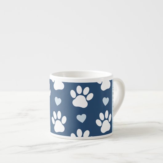 Hundepaws, weiße Paws, blaue Herzen, Ihr Name Espressotasse (Vorderseite Rechts)
