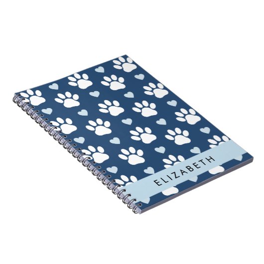 Hundepaws, weiße Paws, blaue Herzen, Ihr Name Notizblock (Rechte Seite)