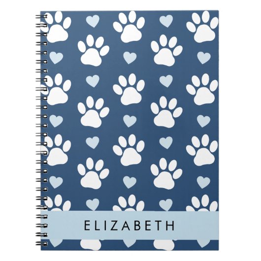 Hundepaws, weiße Paws, blaue Herzen, Ihr Name Notizblock (Vorderseite)