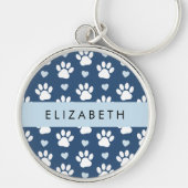Hundepaws, weiße Paws, blaue Herzen, Ihr Name Schlüsselanhänger (Vorne)