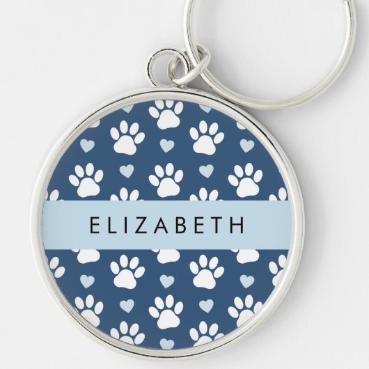 Hundepaws, weiße Paws, blaue Herzen, Ihr Name Schlüsselanhänger (Vorne)