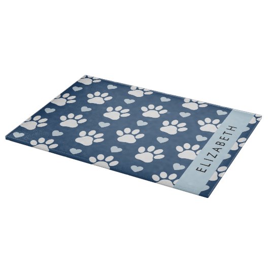 Hundepaws, weiße Paws, blaue Herzen, Ihr Name Schneidebrett (Ecke)