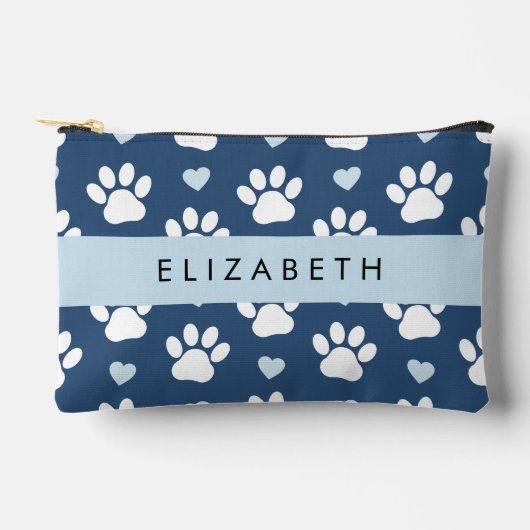 Hundepaws, weiße Paws, blaue Herzen, Ihr Name Zubehörtasche (Vorderseite)